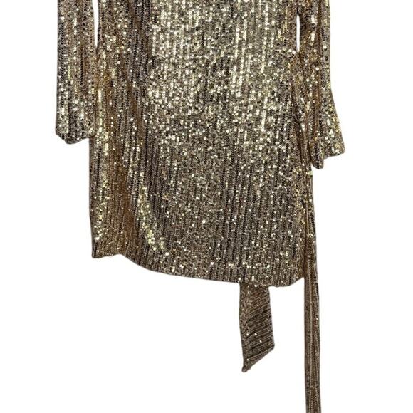 Zara Gold Sequin Wrap Tie Long Sleeve Tunic Mini Stretch Dress V Neck XS Gold - Picture 11 of 16